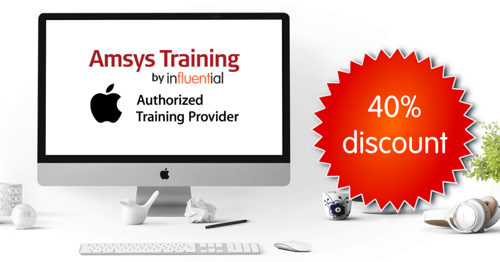Online Apple training offer represented by discount badge by Apple monitor
